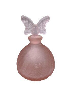 Frosted Pink Glass Empty Perfume Bottle Lily of The Valley Butterfly Stopper 4"